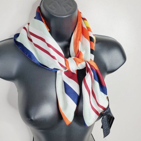 Zara Satin Striped Preppy French Square Scarf - Picture 2 of 10